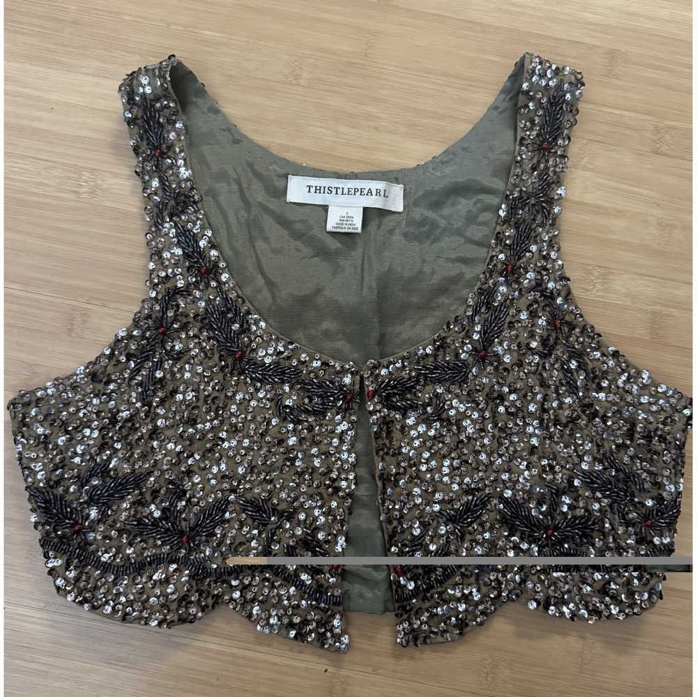 Thistlepearl Beaded Cropped Vest Top Size Small Scalloped Hem Brown Bling Boho